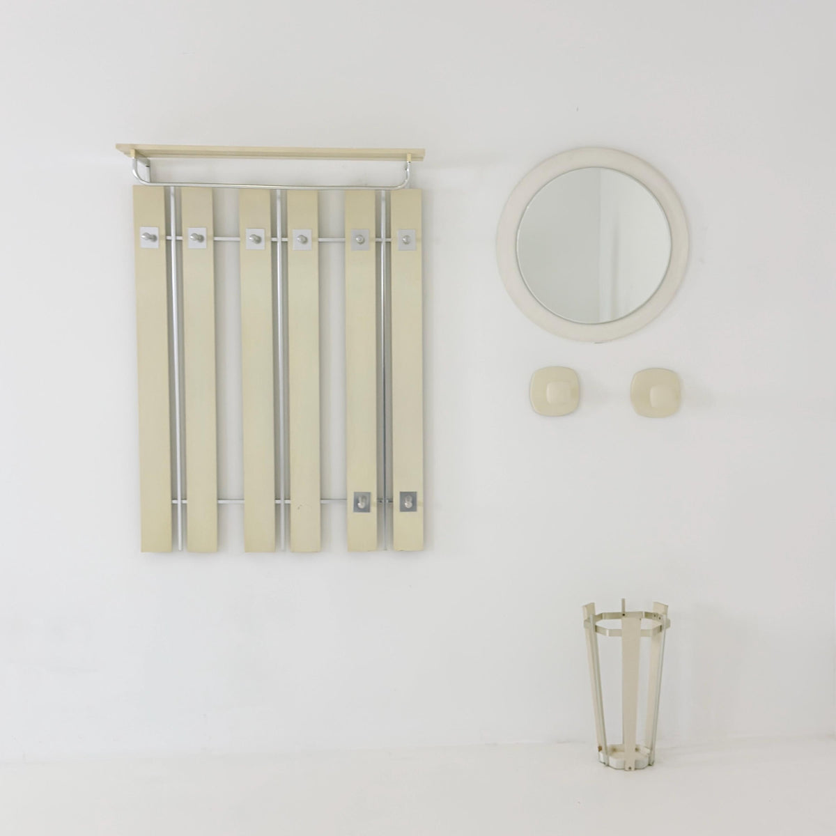 Mid Century Wall Wardrobe & Mirror Set, Entryway Coat Rack, Chrome - White Wood, Vintage Hallway Set, Umbrella Stand 1970s Germany
