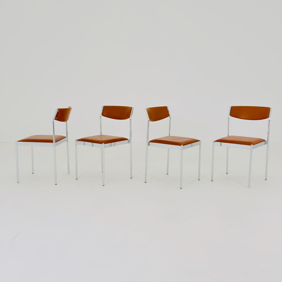 Set of 4 Mid Century Bauhaus Dining Chairs, Cognac Leather & Chrome, German 1980s,