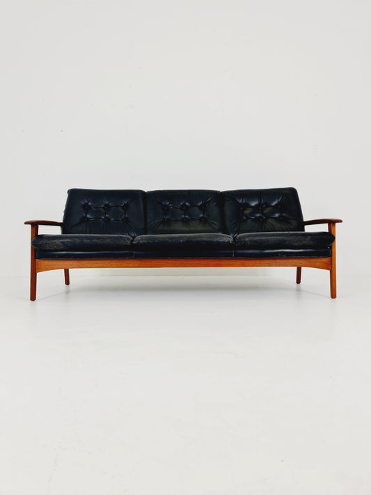 Rare Vintage Mid-Century Modern Teak & Black Leather 3-Seater Sofa
