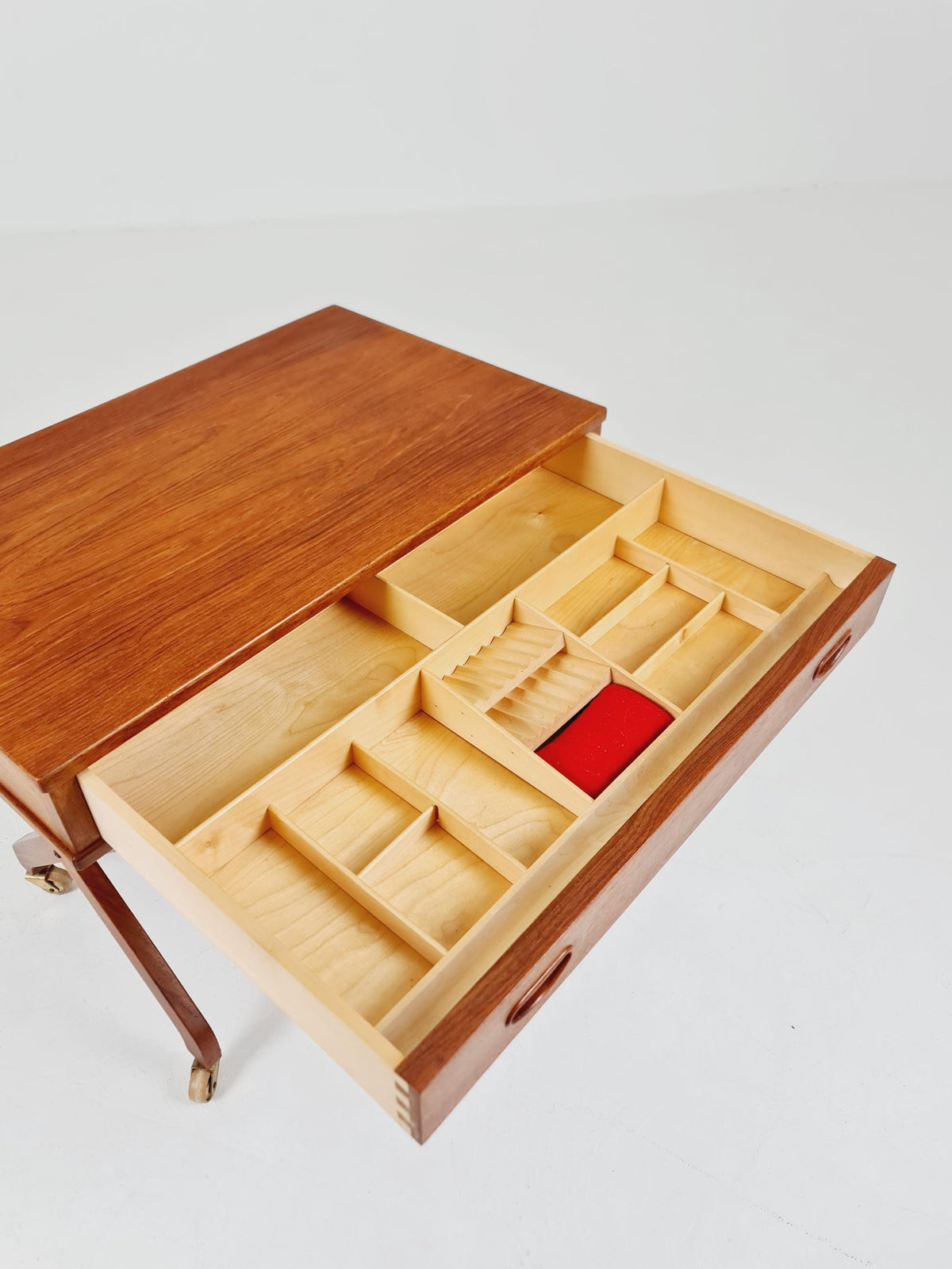 Rare Vintage Danish Teak and rattan sewing table/ side table cabinet , 1960s