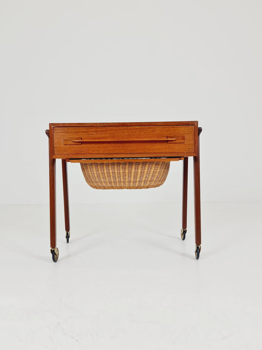 Vintage Danish Teak and rattan sewing table/ side table cabinet , 1960s