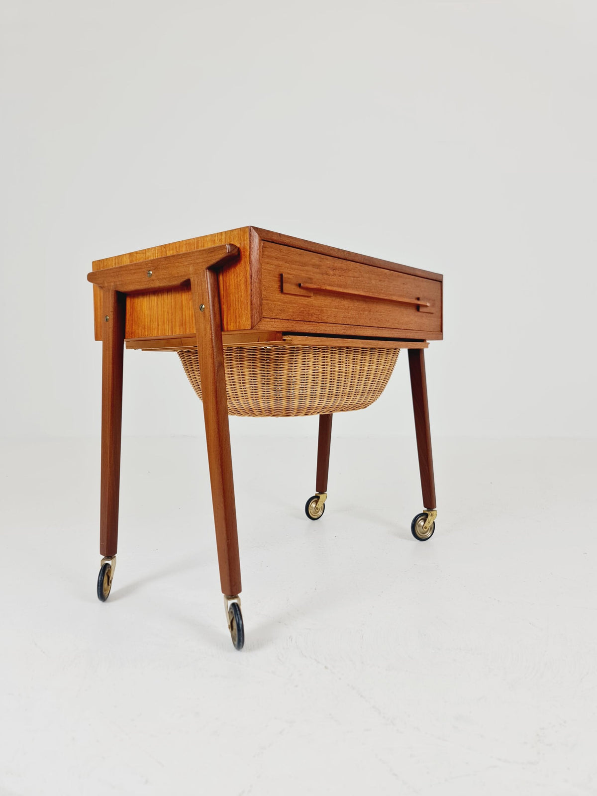 Vintage Danish Teak and rattan sewing table/ side table cabinet , 1960s