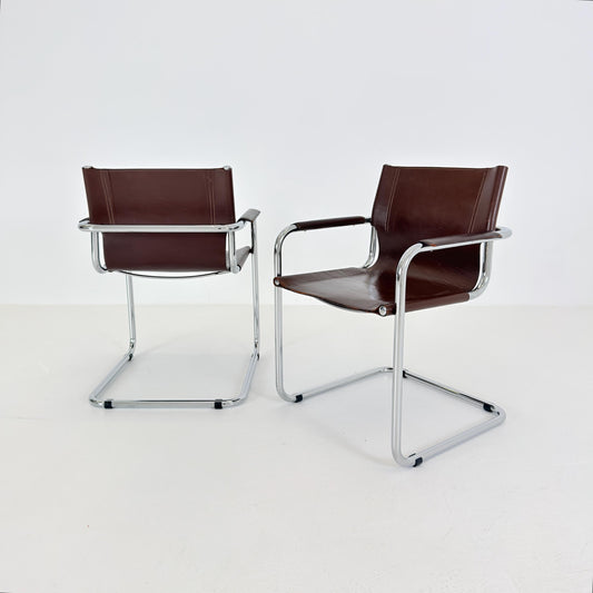 Set of 2 Mart Stam Visitor Chairs for Matteo Grassi, Brown Leather & Chrome, Italian Bauhaus Design, 1970s