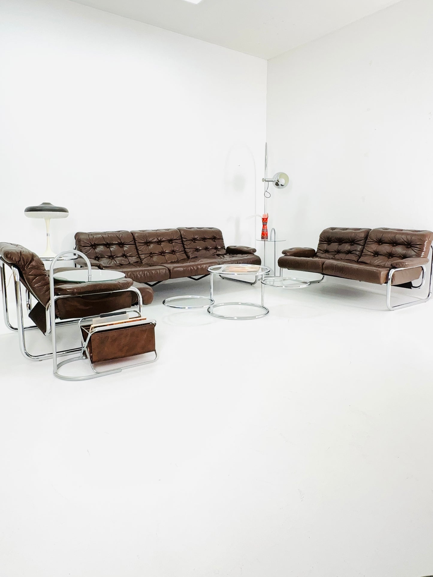 Mid century  3-Seater / tubular frame brown leather  sofa  "BORKUM"  by Johan Bertil Häggström for Ikea 1970s
