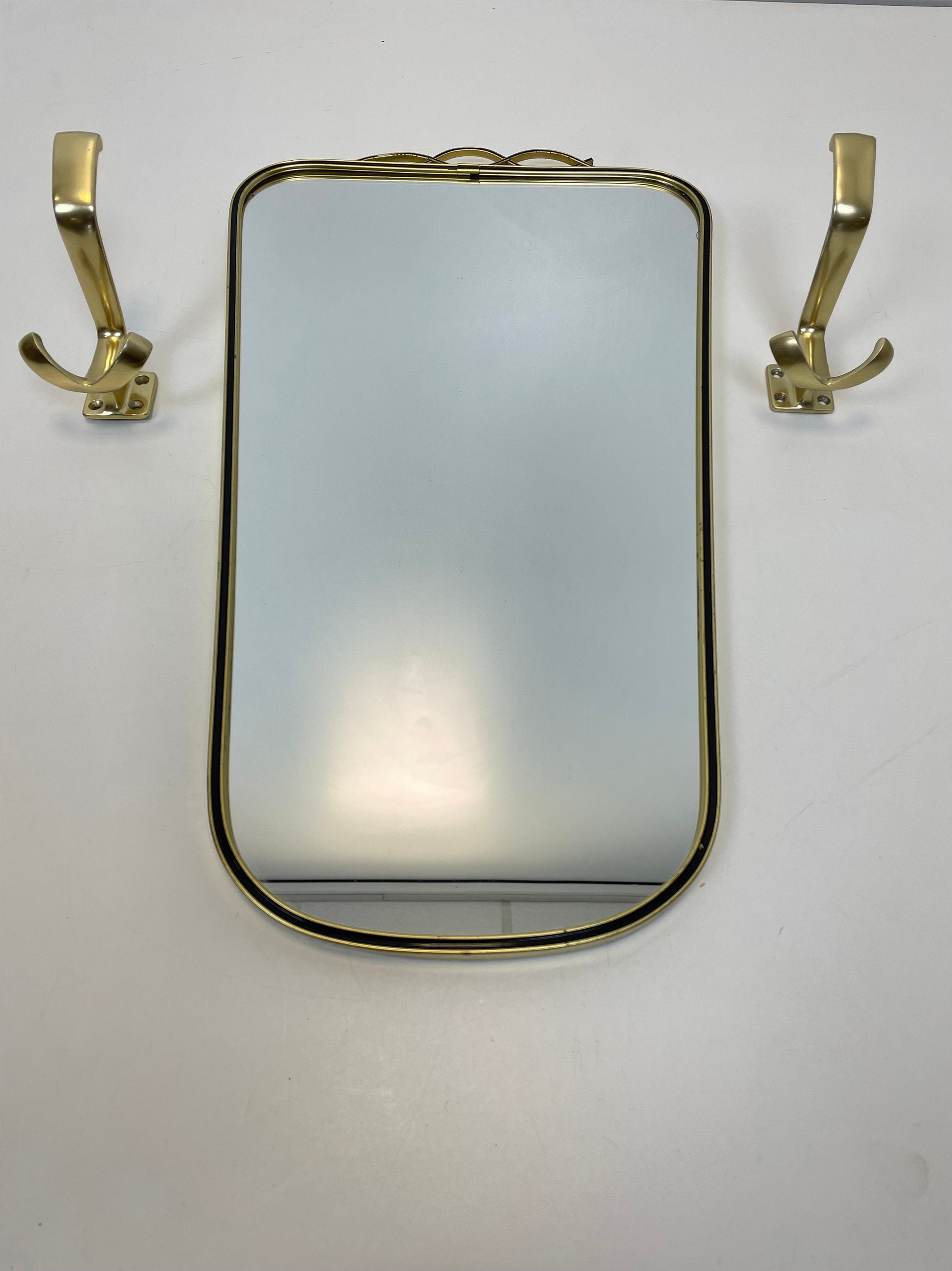 Mid Century asymmetric German brass Original kidney wall mirror with 2 brass hangers, 1960s