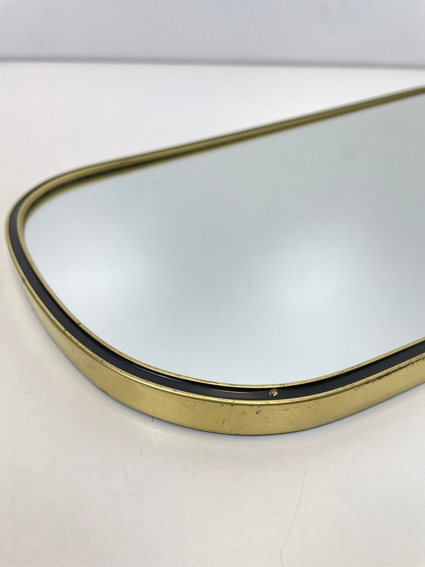 Mid Century asymmetric German brass Original kidney wall mirror with 2 brass hangers, 1960s