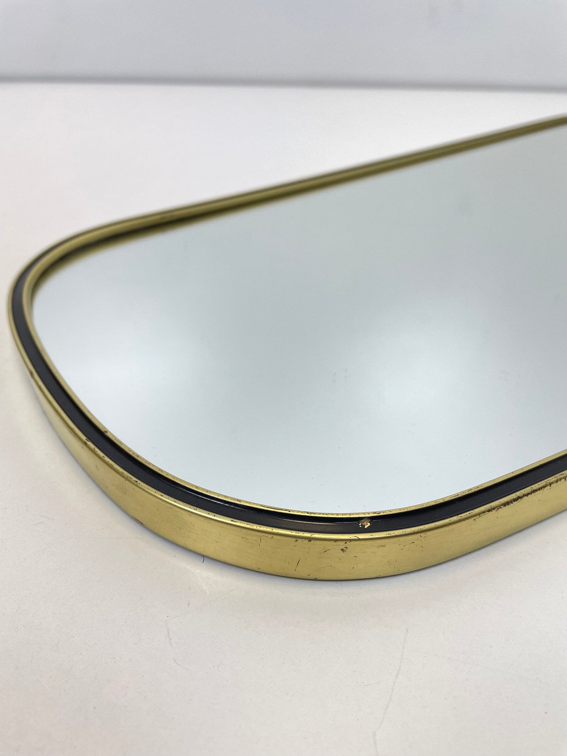 Mid Century asymmetric German brass Original kidney wall mirror with 2 brass hangers, 1960s