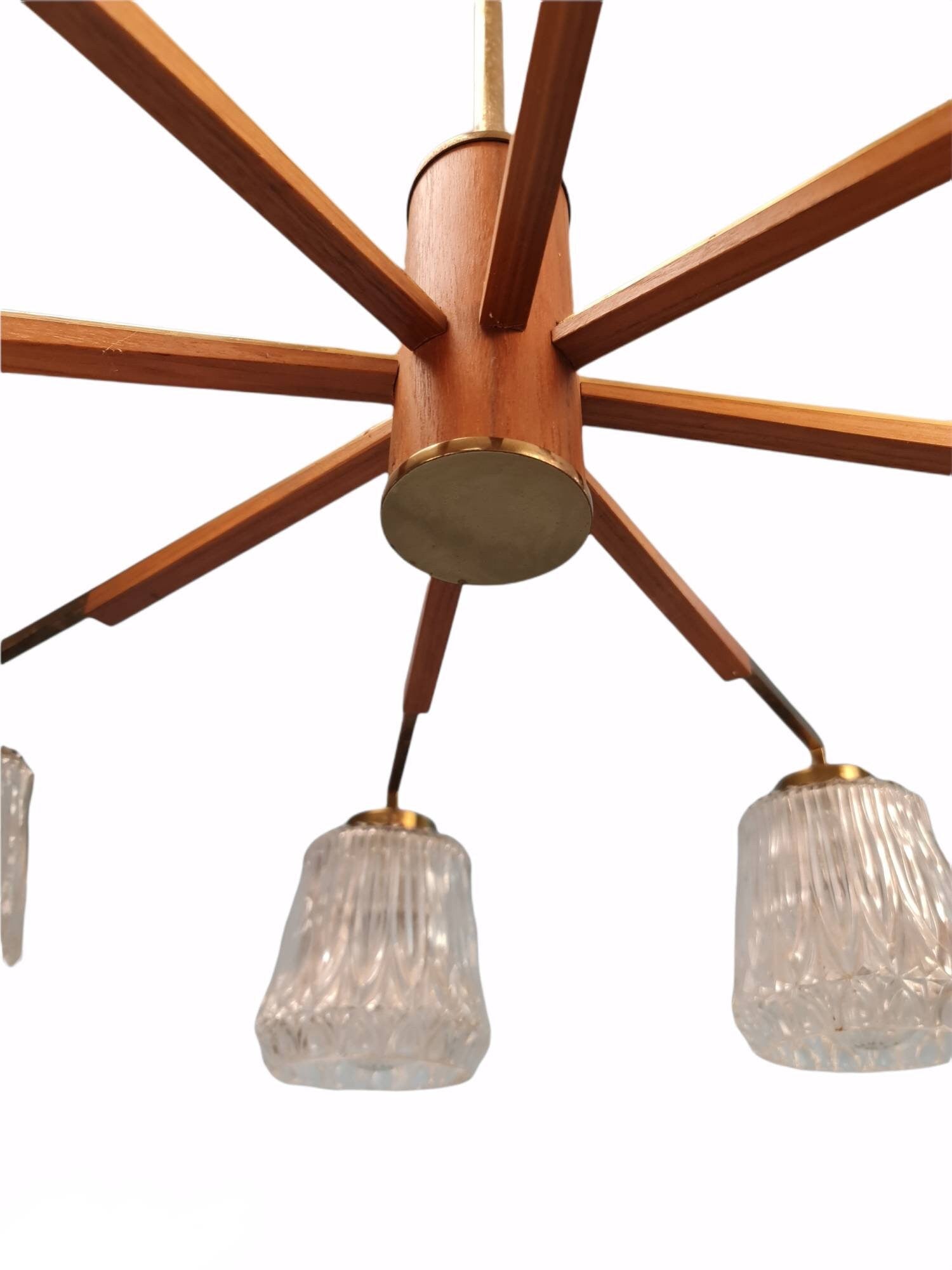 Mid Century pendant Lamp teak - Eight Flame - Chandelier Richard Vinegar, 1960s