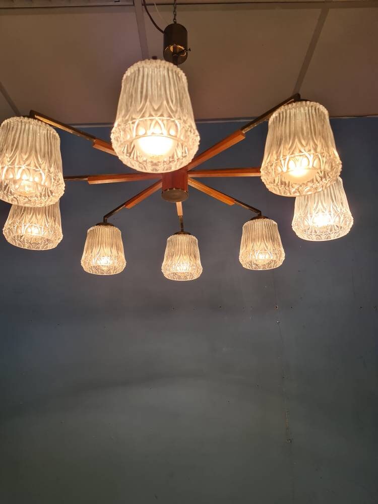 Mid Century pendant Lamp teak - Eight Flame - Chandelier Richard Vinegar, 1960s
