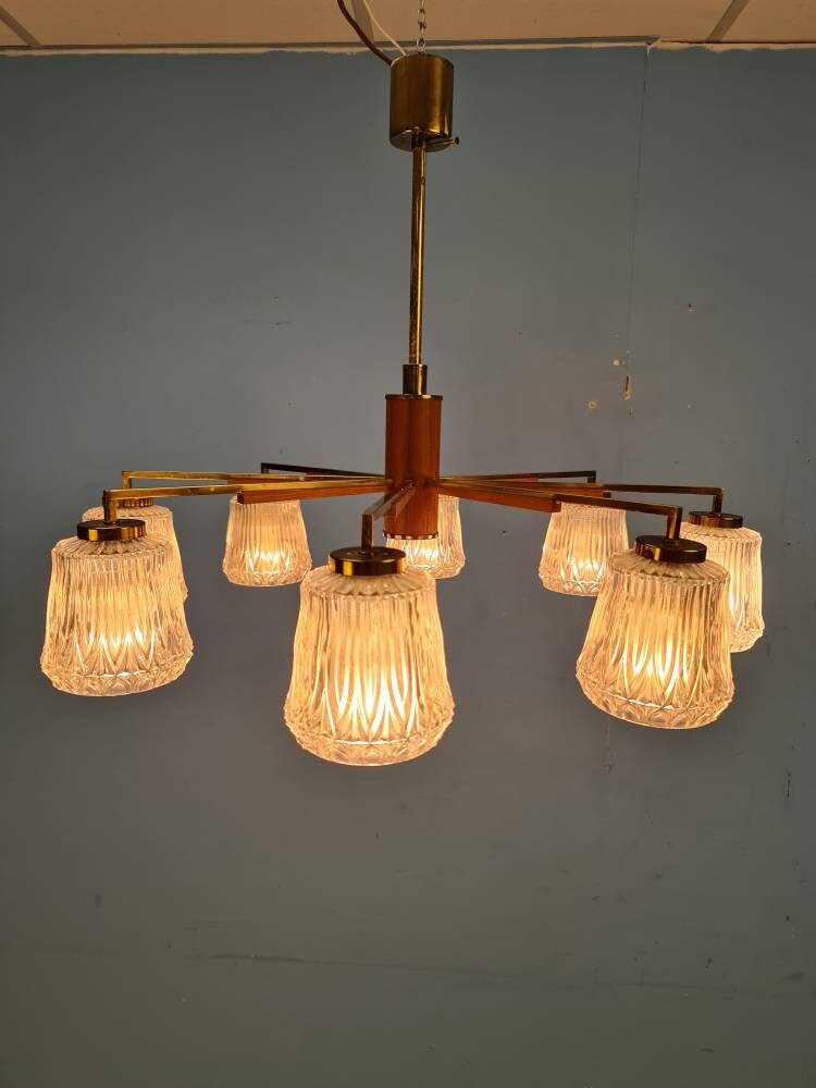 Mid Century pendant Lamp teak - Eight Flame - Chandelier Richard Vinegar, 1960s