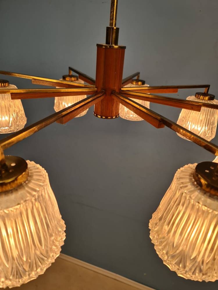 Mid Century pendant Lamp teak - Eight Flame - Chandelier Richard Vinegar, 1960s