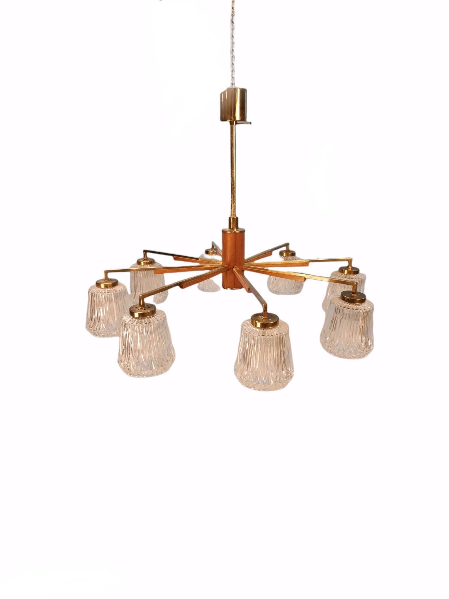 Mid Century pendant Lamp teak - Eight Flame - Chandelier Richard Vinegar, 1960s