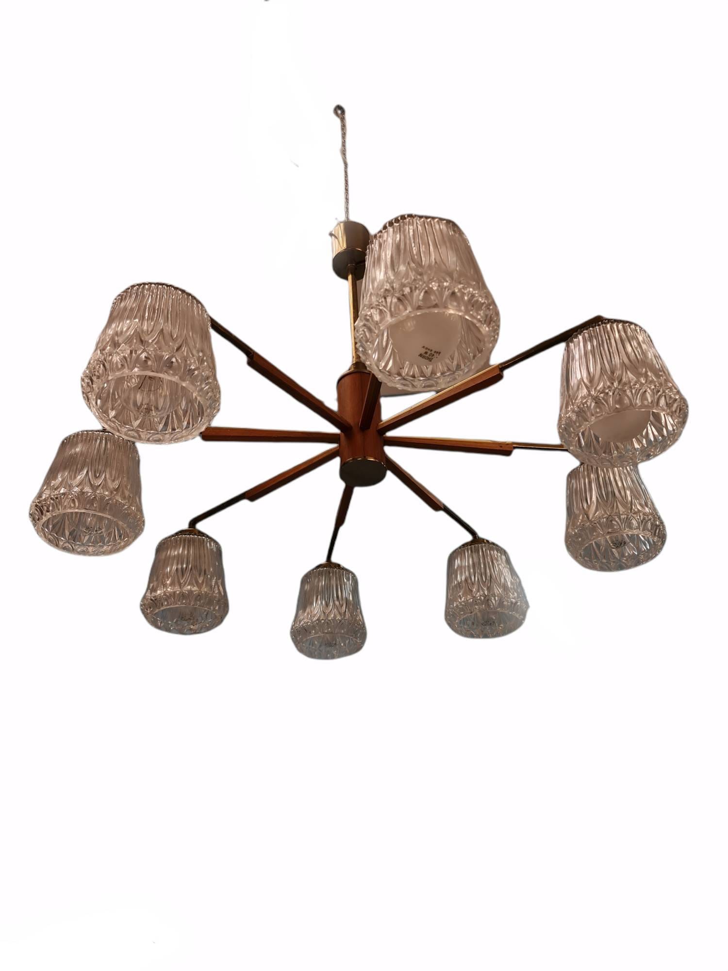 Mid Century pendant Lamp teak - Eight Flame - Chandelier Richard Vinegar, 1960s