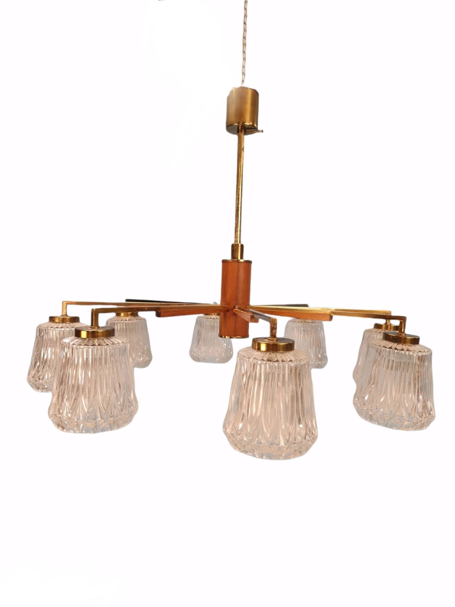 Mid Century pendant Lamp teak - Eight Flame - Chandelier Richard Vinegar, 1960s