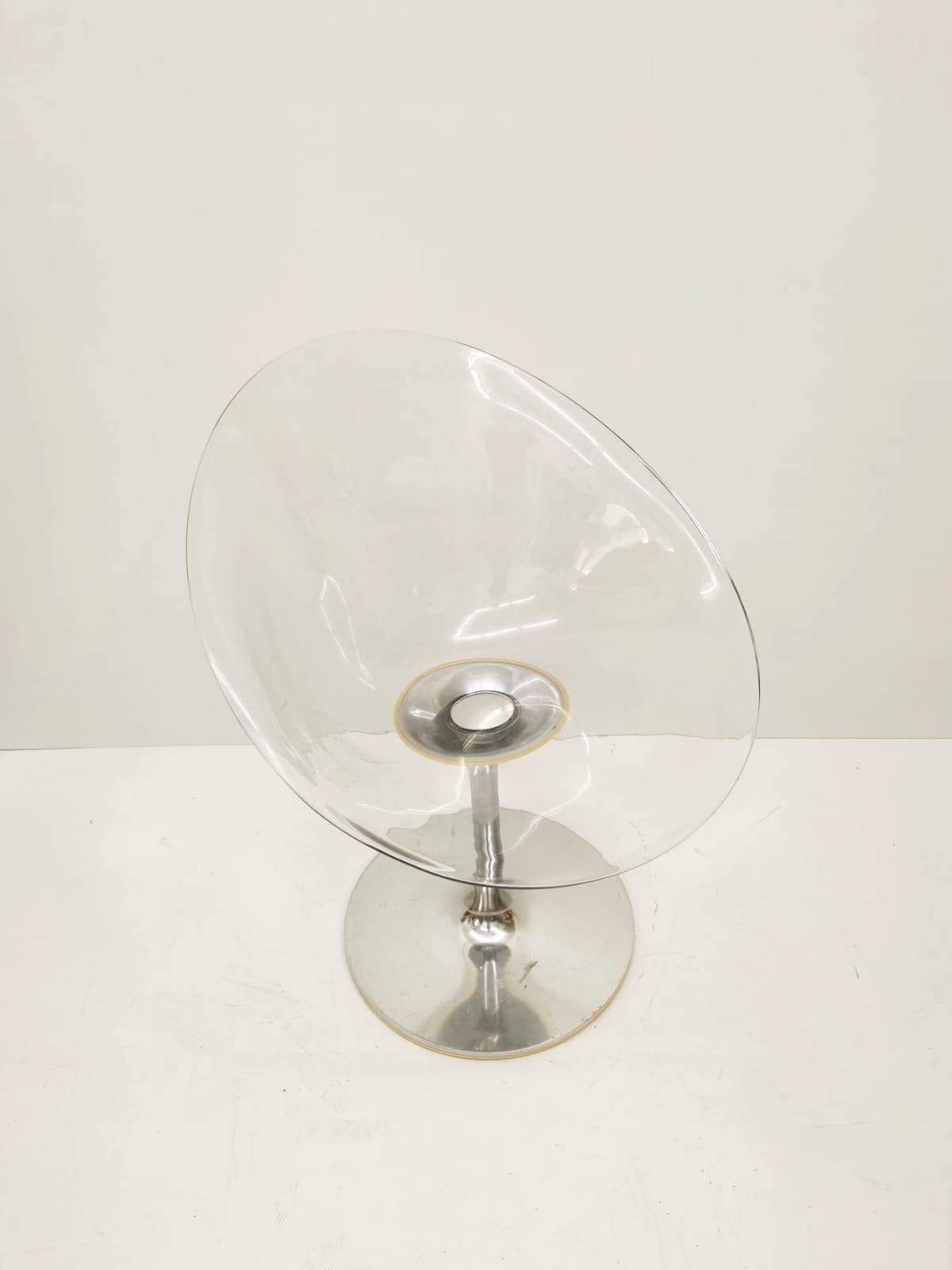 1 of 2 Transparent Eros chair with aluminum swivel base by Philippe Starck for Kartell. Made in Italy.