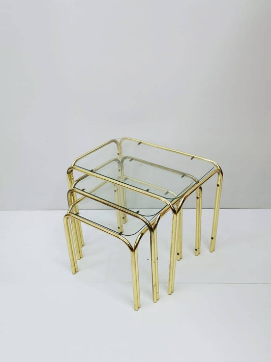 Set of 3 Mid Century Modern Gold brass And Smoked Glass Stand Table set, Living Room Organiser, or flower table 1960s