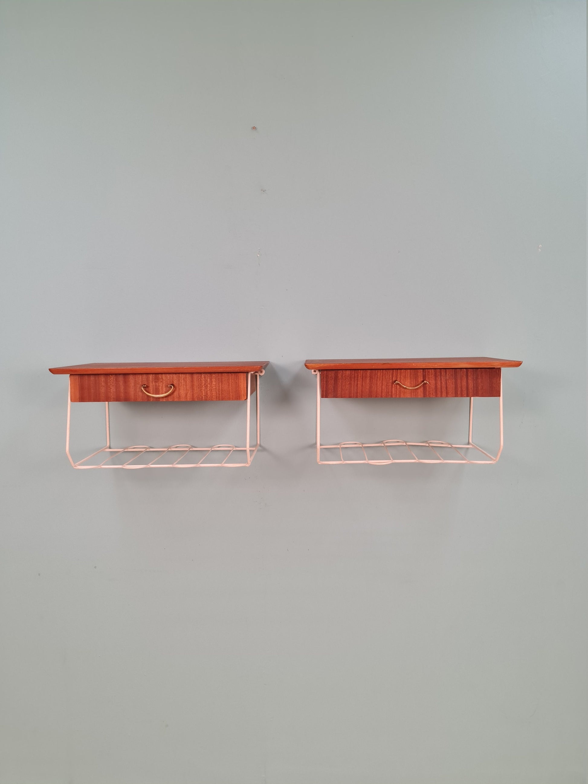 Pair Scandinavian string Mahogany hanging telephone table/ shelf/ bedside table/ nightstand from the 60s
