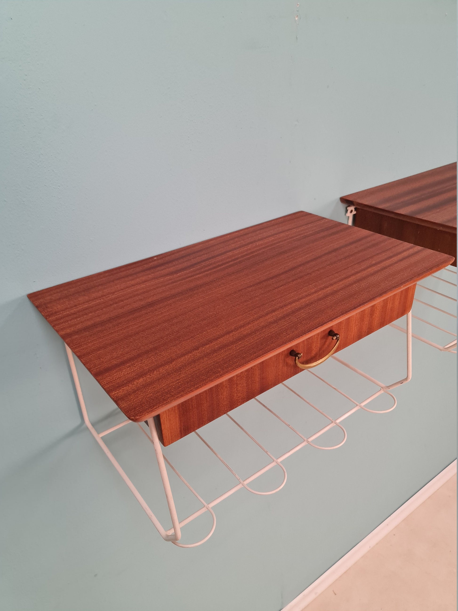 Pair Scandinavian string Mahogany hanging telephone table/ shelf/ bedside table/ nightstand from the 60s