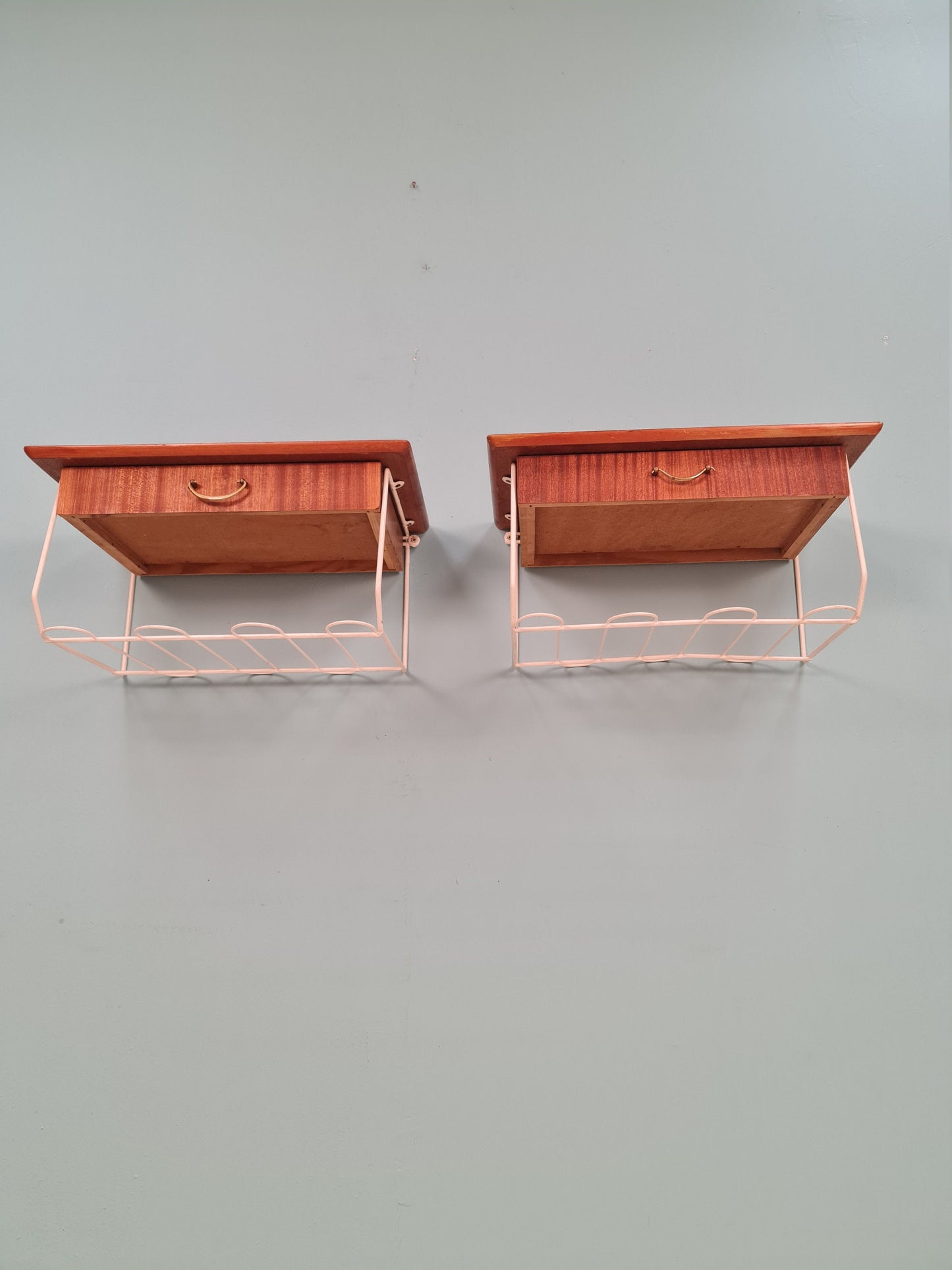 Pair Scandinavian string Mahogany hanging telephone table/ shelf/ bedside table/ nightstand from the 60s