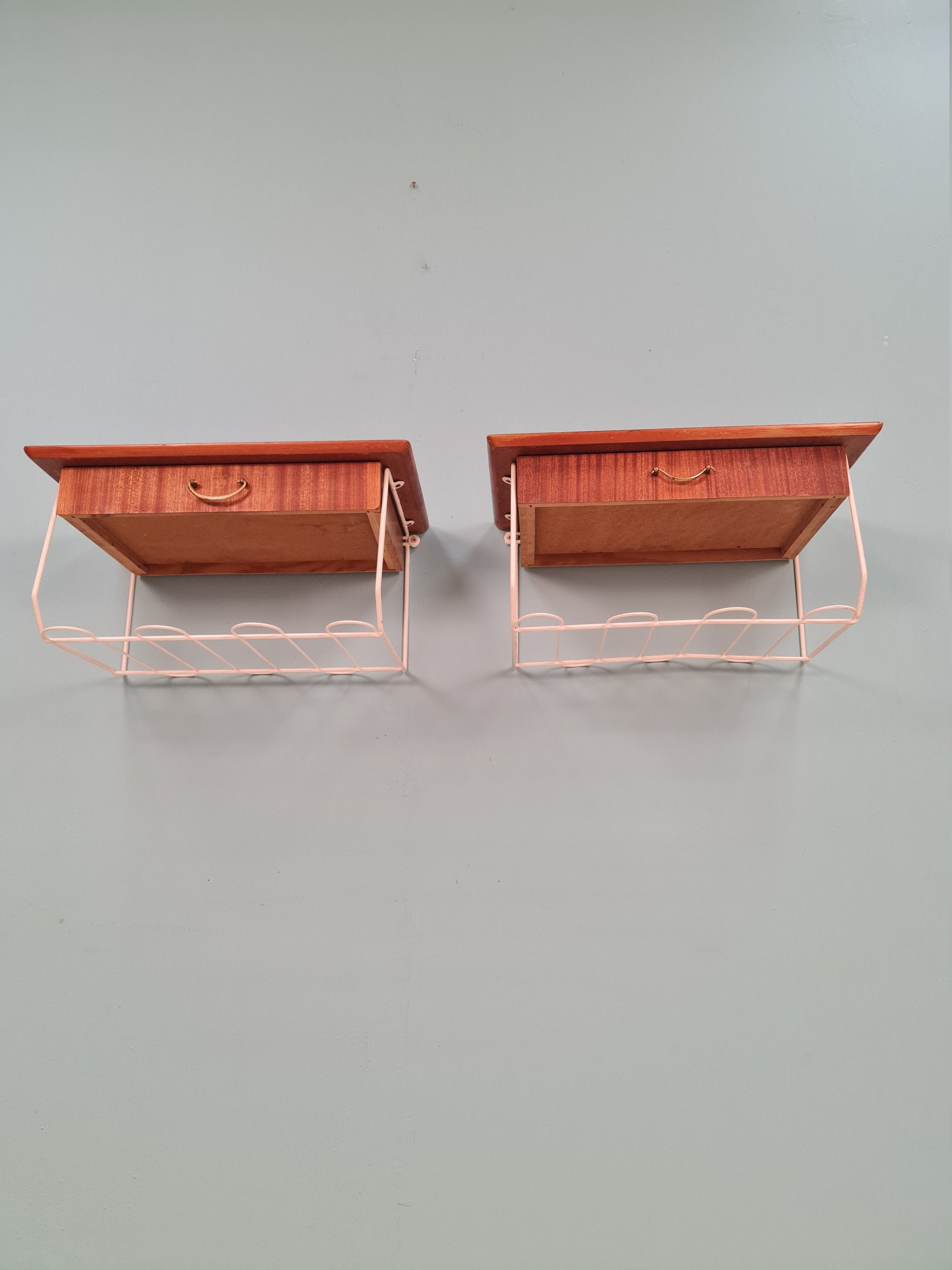 Pair Scandinavian string Mahogany hanging telephone table/ shelf/ bedside table/ nightstand from the 60s