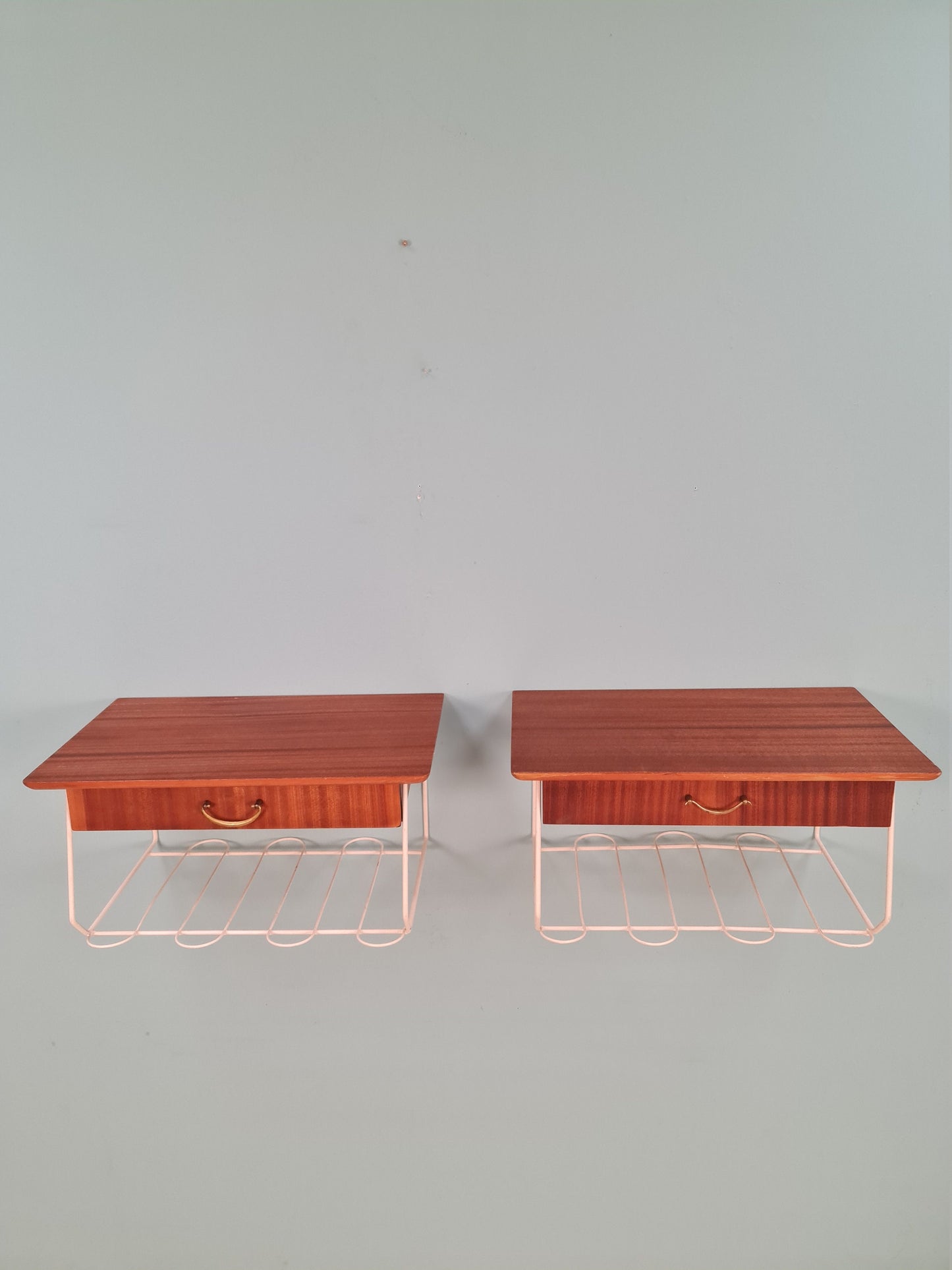 Pair Scandinavian string Mahogany hanging telephone table/ shelf/ bedside table/ nightstand from the 60s