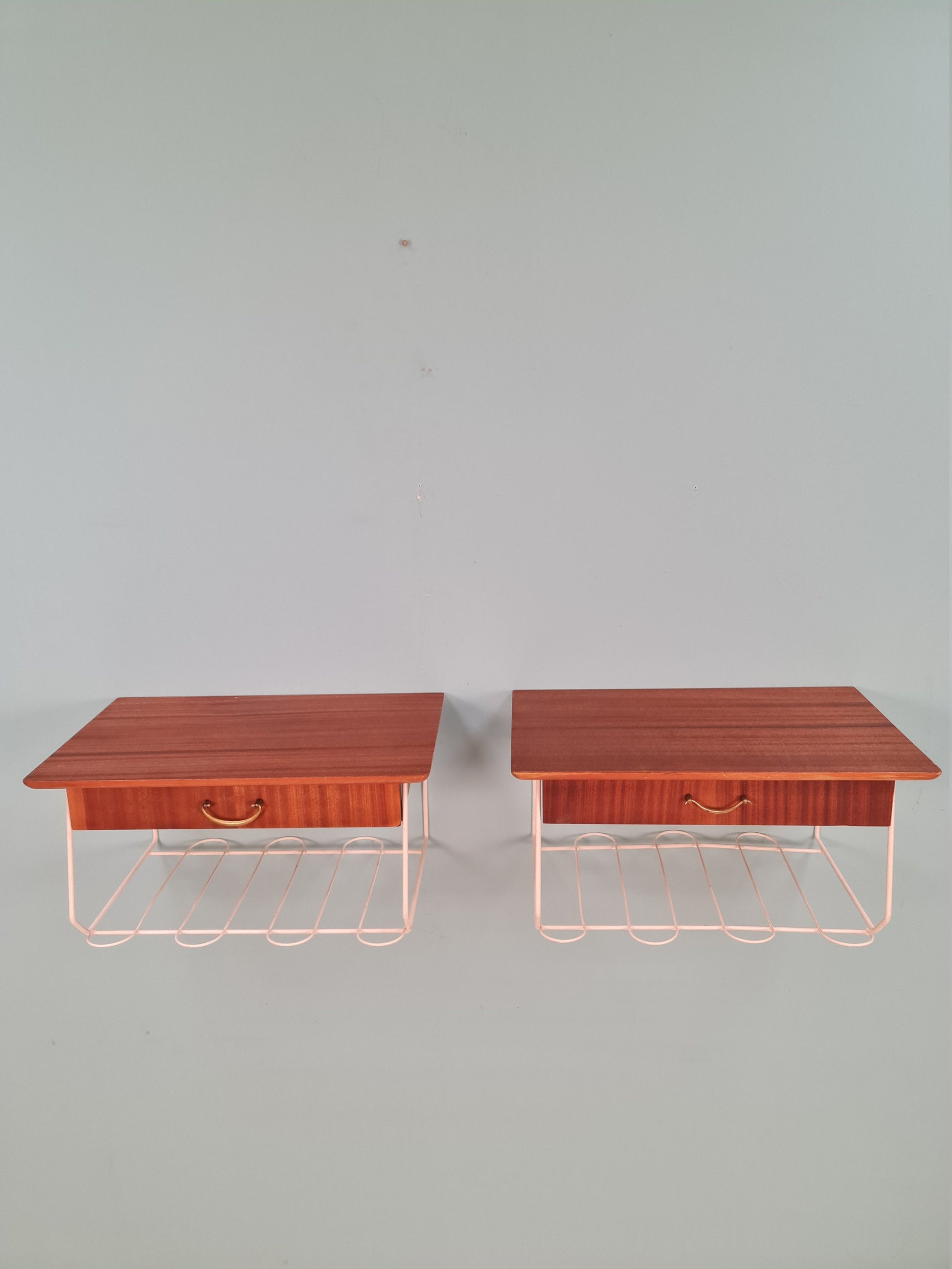 Pair Scandinavian string Mahogany hanging telephone table/ shelf/ bedside table/ nightstand from the 60s