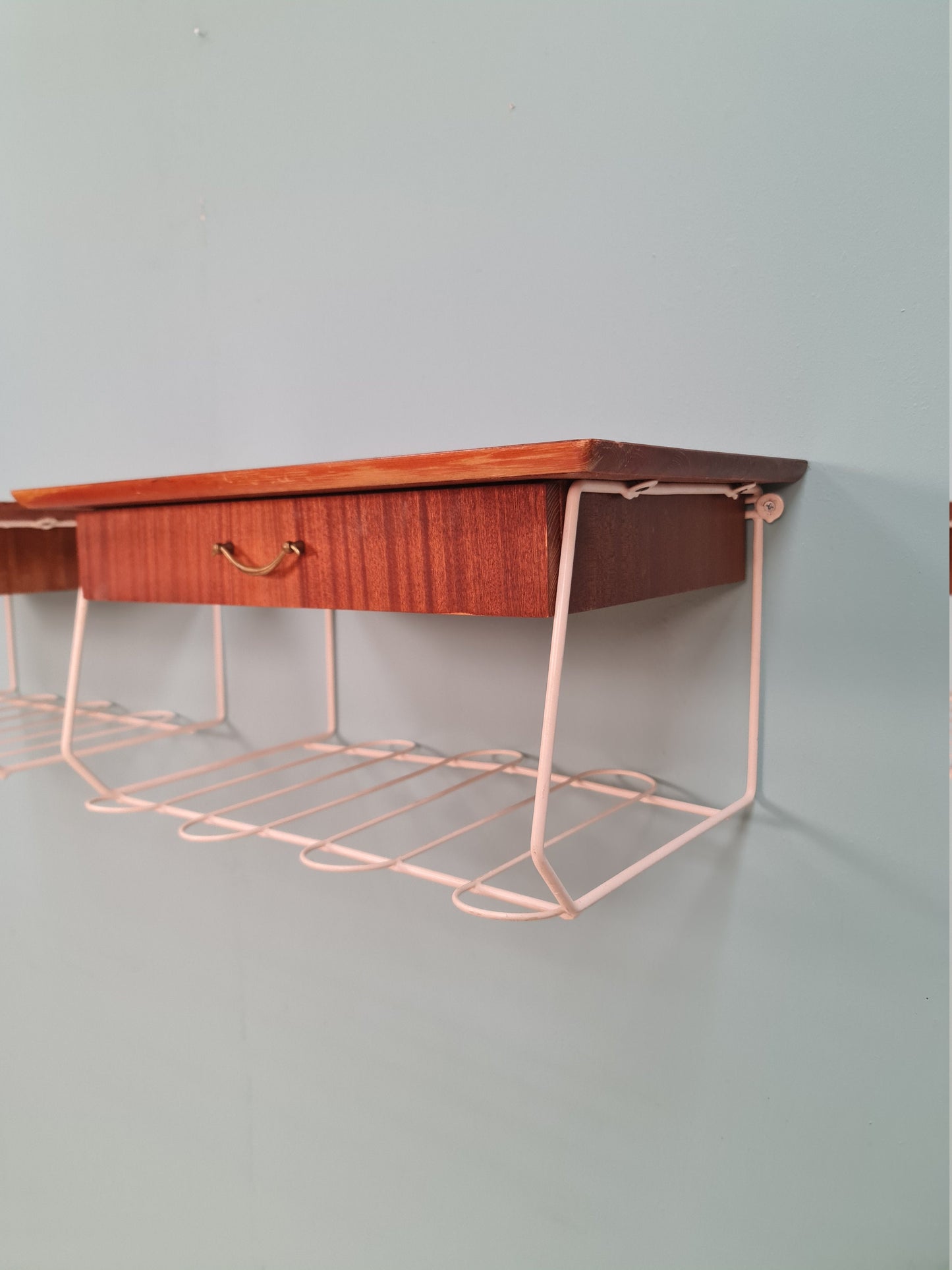 Pair Scandinavian string Mahogany hanging telephone table/ shelf/ bedside table/ nightstand from the 60s