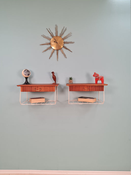 Pair Scandinavian string Mahogany hanging telephone table/ shelf/ bedside table/ nightstand from the 60s