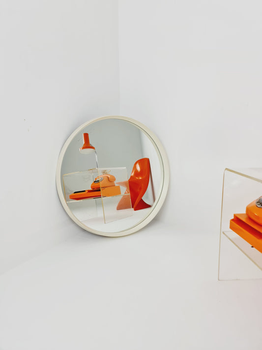 Round space age retro plastic white mirror By Schönbuch, 1970s