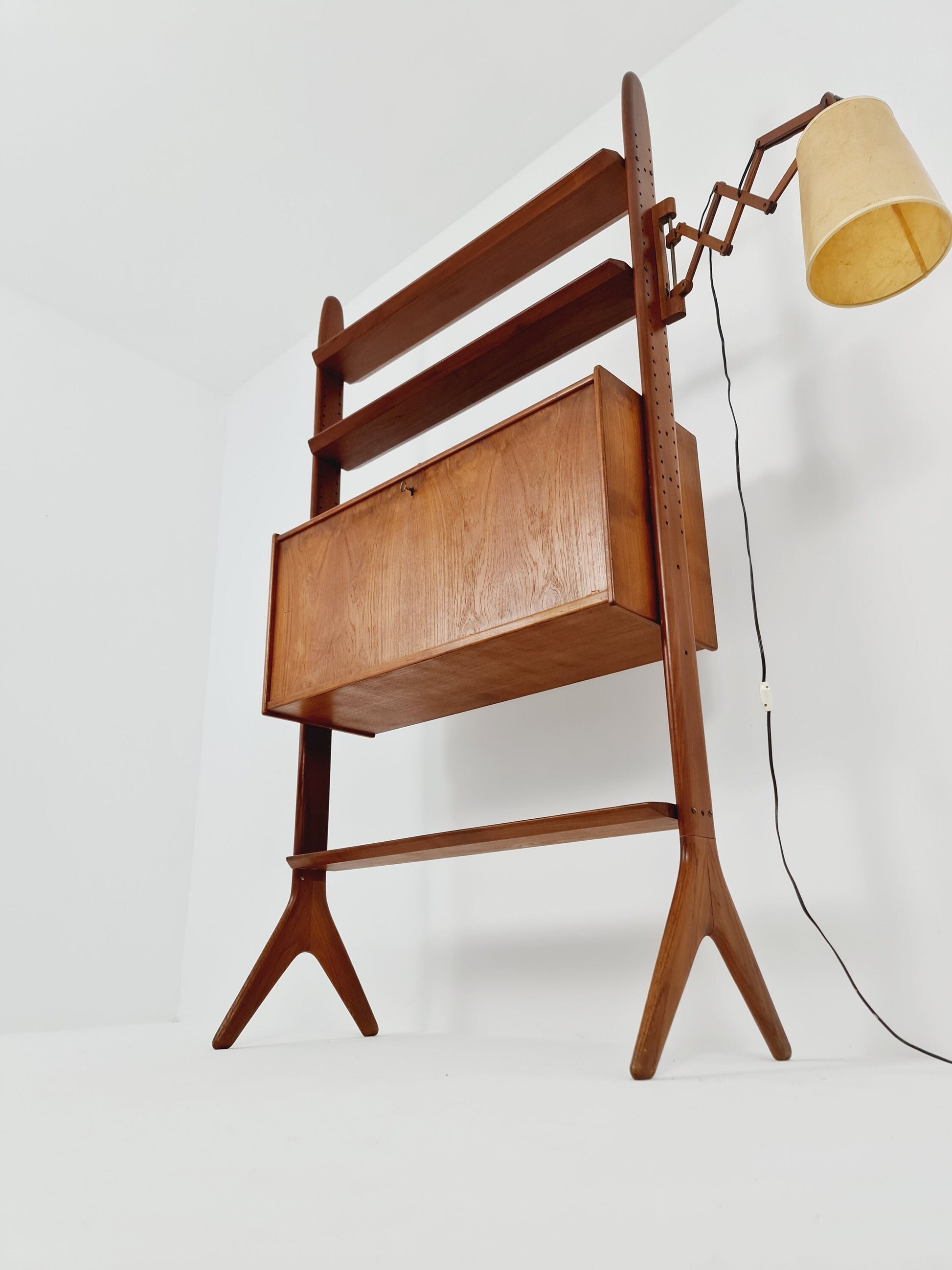 Vintage teak MCM Free Standing Shelving Unit, secretary by Arne Hovemand Olsen, 1960s