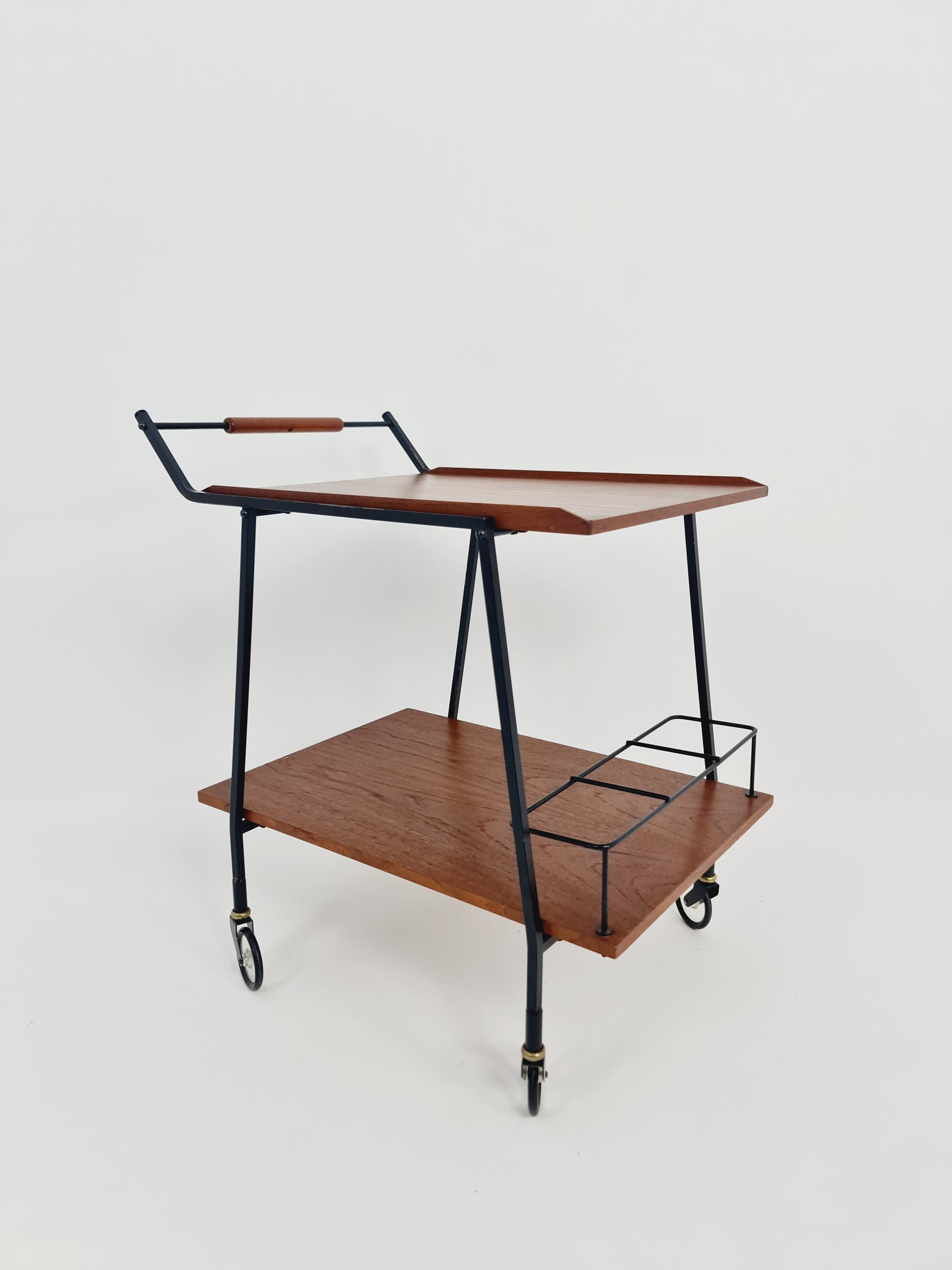 Vintage German mid century trolley bar cart in teak & metal, 1960s