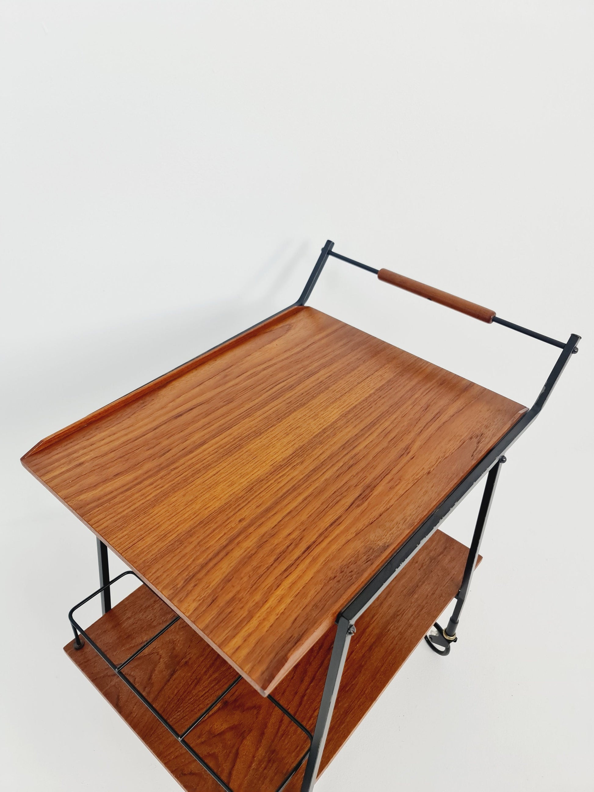 Vintage German mid century trolley bar cart in teak & metal, 1960s