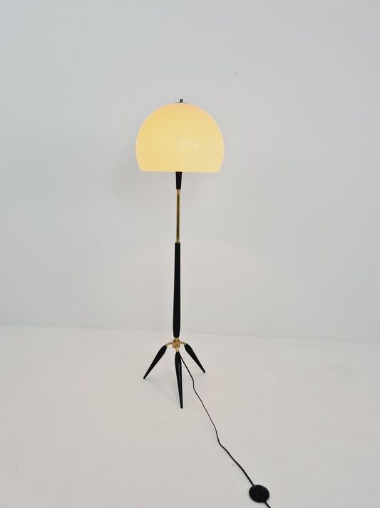 Italian Tripod space age floor lamp brass, metal & plastic, 1960s