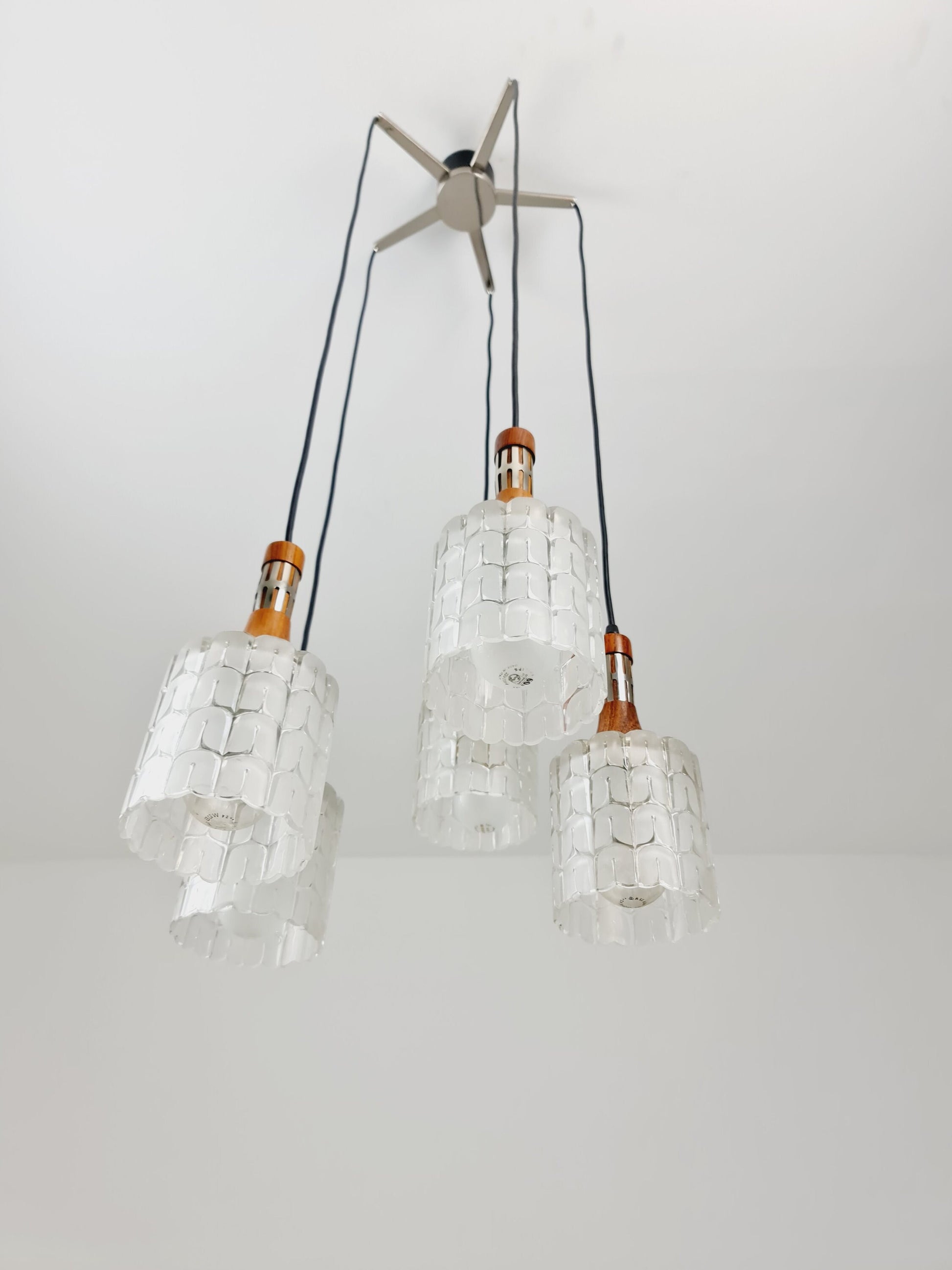 Rosewood and glass pendant lamp, Doria light fixture, with five Murano textured glass tube pendants, 1970s