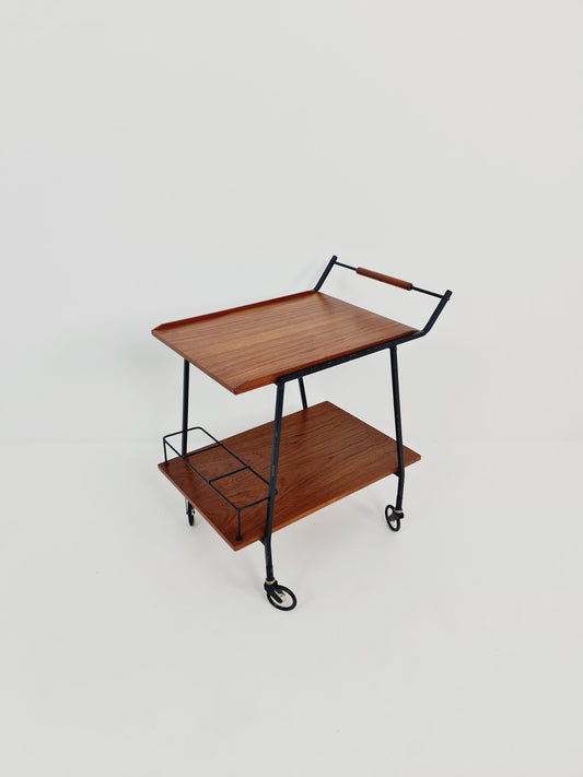 Vintage German mid century trolley bar cart in teak & metal, 1960s