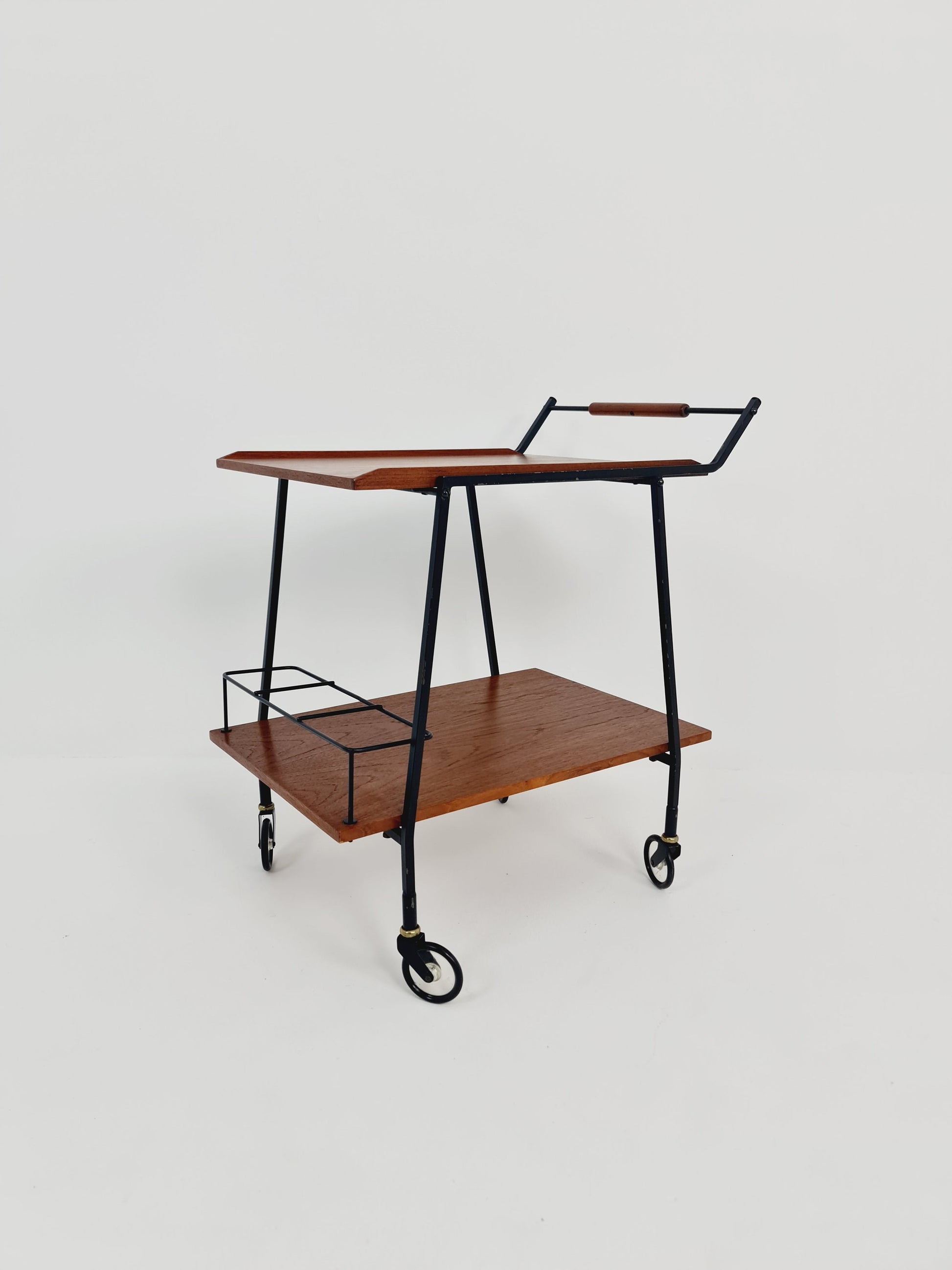 Vintage German mid century trolley bar cart in teak & metal, 1960s