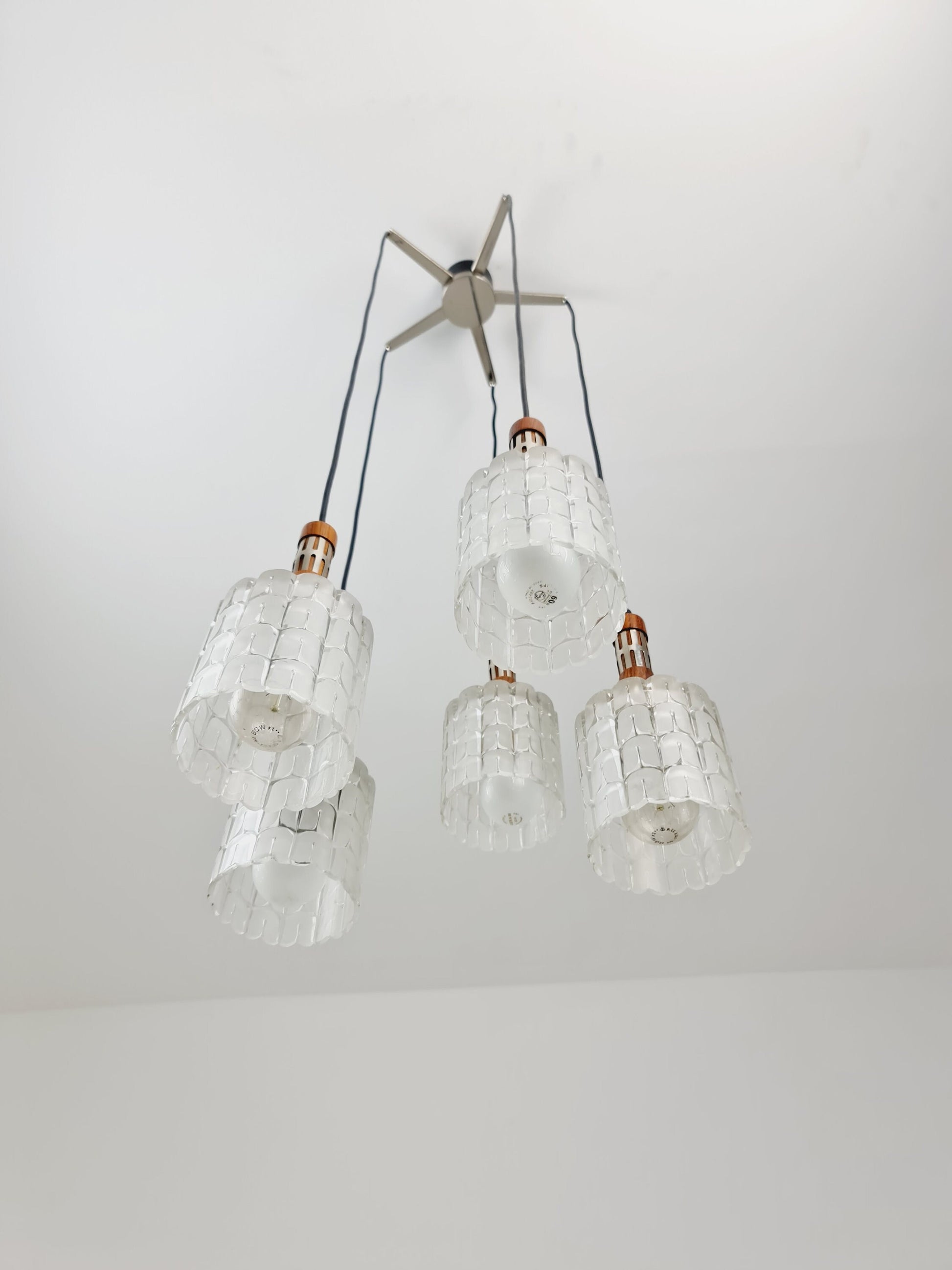 Rosewood and glass pendant lamp, Doria light fixture, with five Murano textured glass tube pendants, 1970s