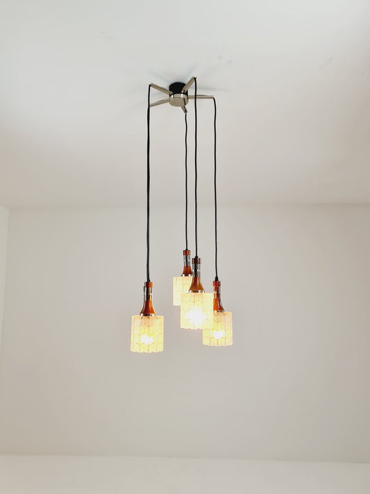 Rosewood and glass pendant lamp, Doria light fixture, with five Murano textured glass tube pendants, 1970s