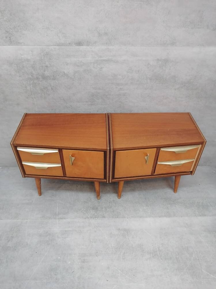 A set of Mid-Century Modern vintage maple wood bedside tables or small chests of drawers designed and manufactured in Italy, Rome, 1960s