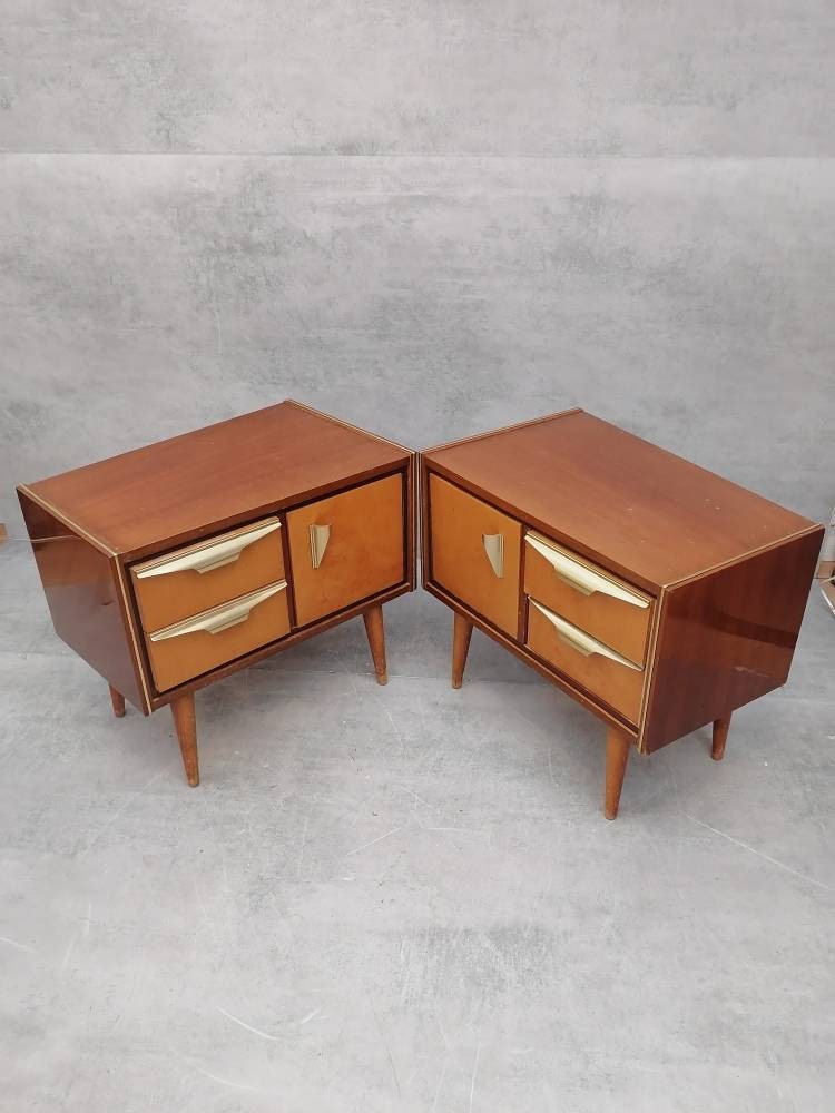 A set of Mid-Century Modern vintage maple wood bedside tables or small chests of drawers designed and manufactured in Italy, Rome, 1960s