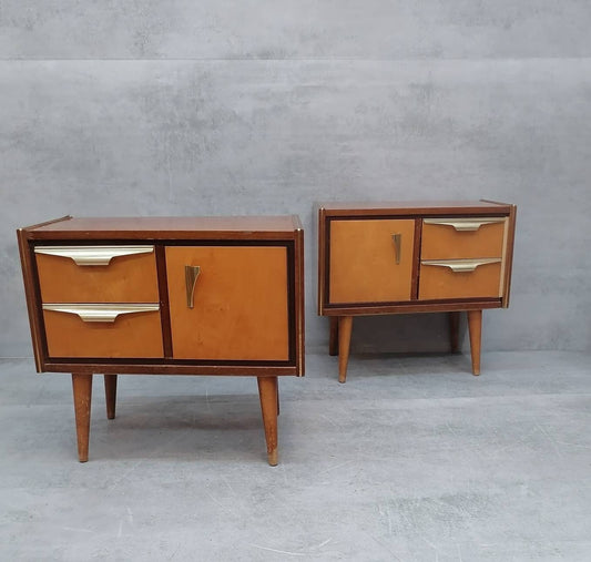 A set of Mid-Century Modern vintage maple wood bedside tables or small chests of drawers designed and manufactured in Italy, Rome, 1960s