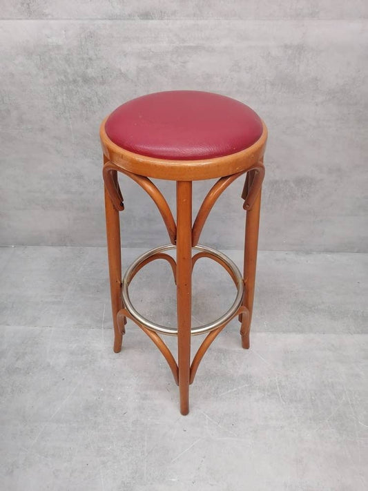 Bentwood bar stool in red leather color from Thonet. 1970s