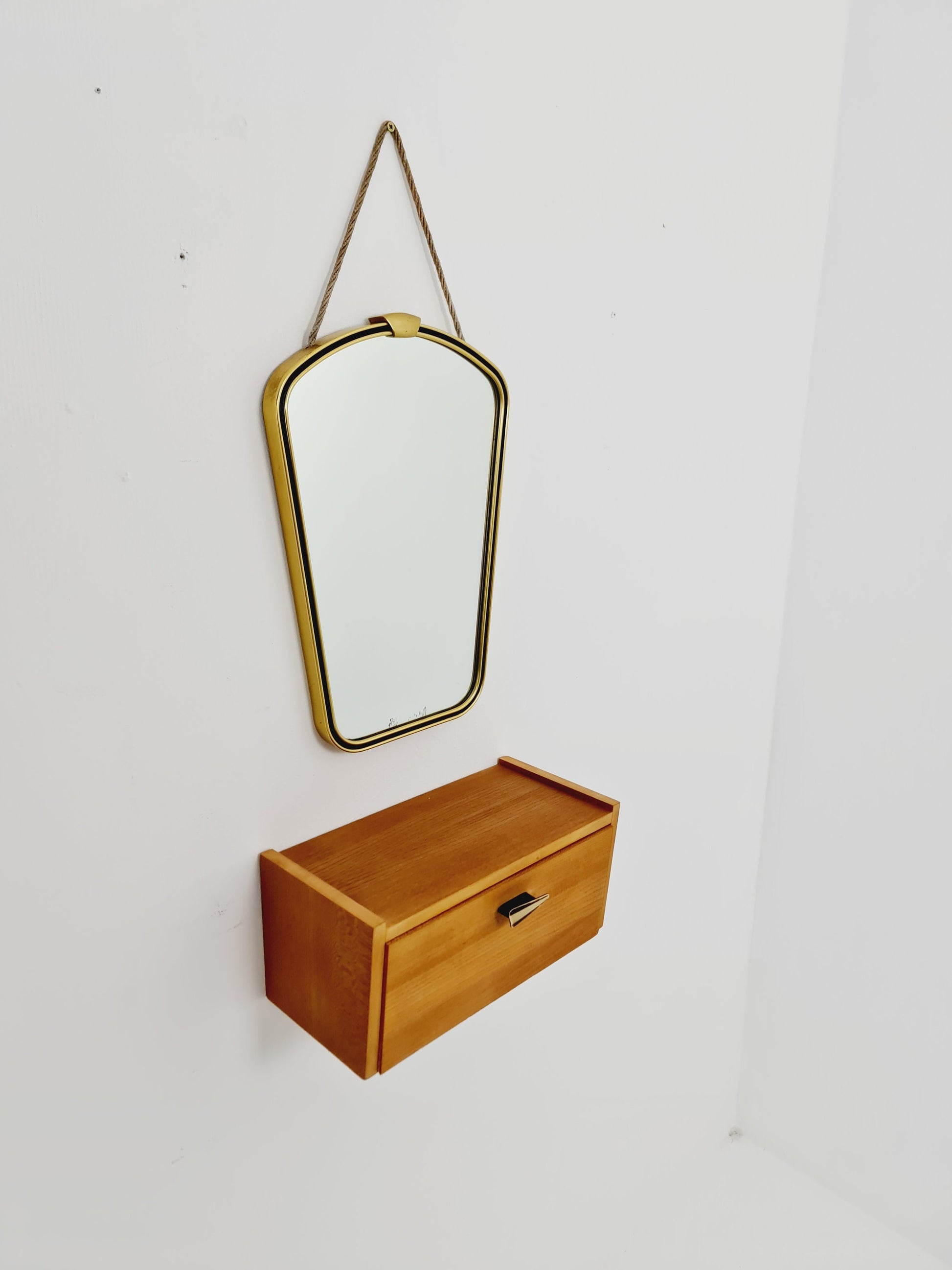 Mid Century asymmetric German brass Original kidney wall mirror with shelf from the 60s model Rockabilly