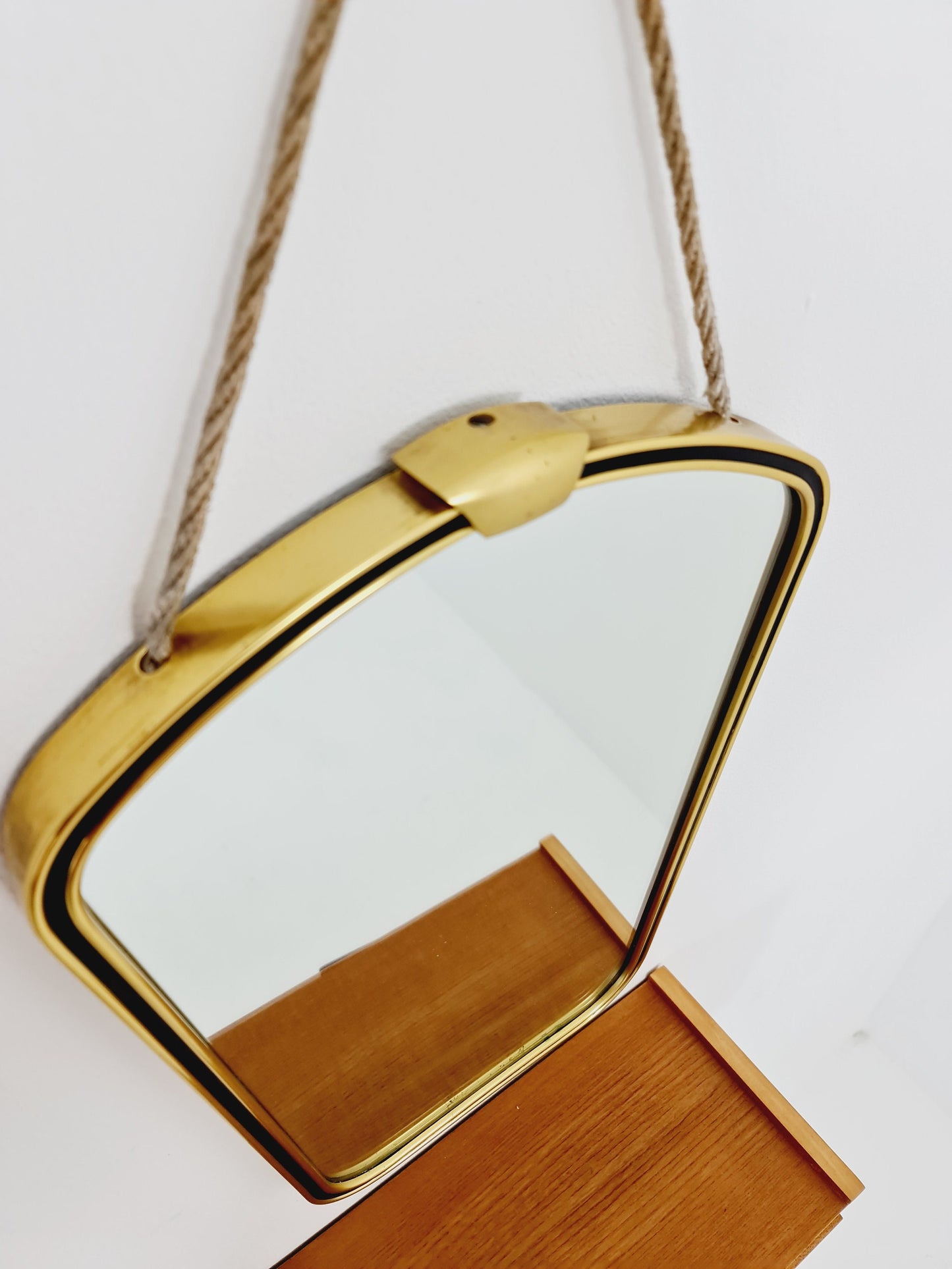 Mid Century asymmetric German brass Original kidney wall mirror with shelf from the 60s model Rockabilly