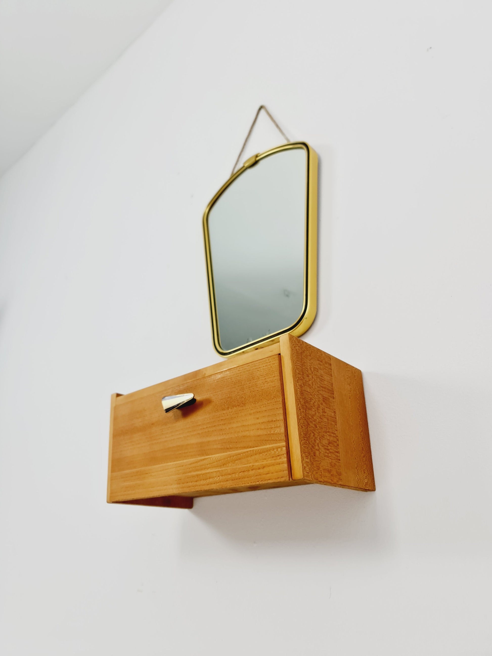 Mid Century asymmetric German brass Original kidney wall mirror with shelf from the 60s model Rockabilly