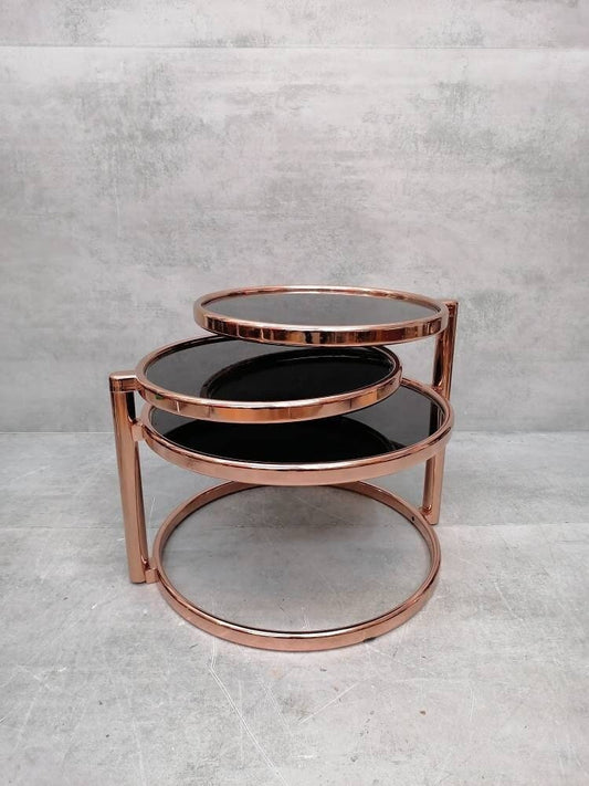 Mid-century rose gold and black glass 3-tier swivel coffee table by Milo Baughman bauhaus
