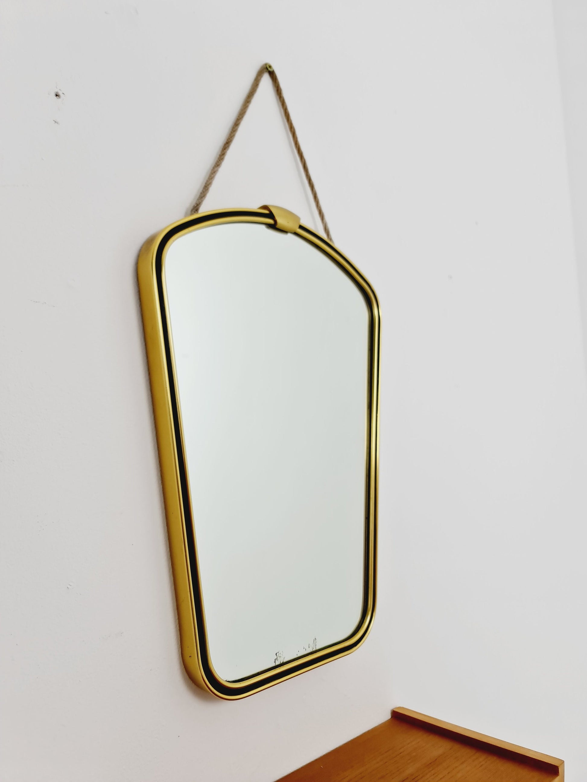 Mid Century asymmetric German brass Original kidney wall mirror with shelf from the 60s model Rockabilly