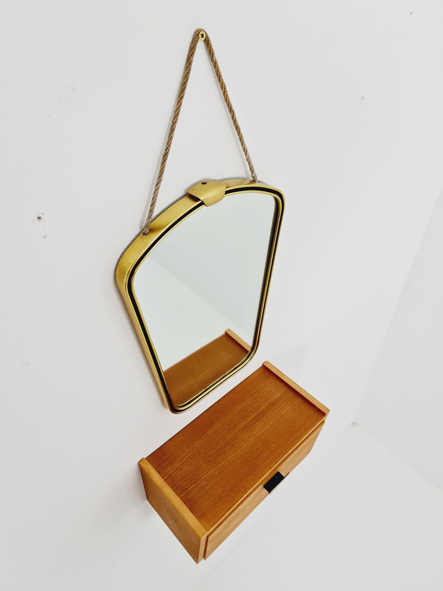 Mid Century asymmetric German brass Original kidney wall mirror with shelf from the 60s model Rockabilly