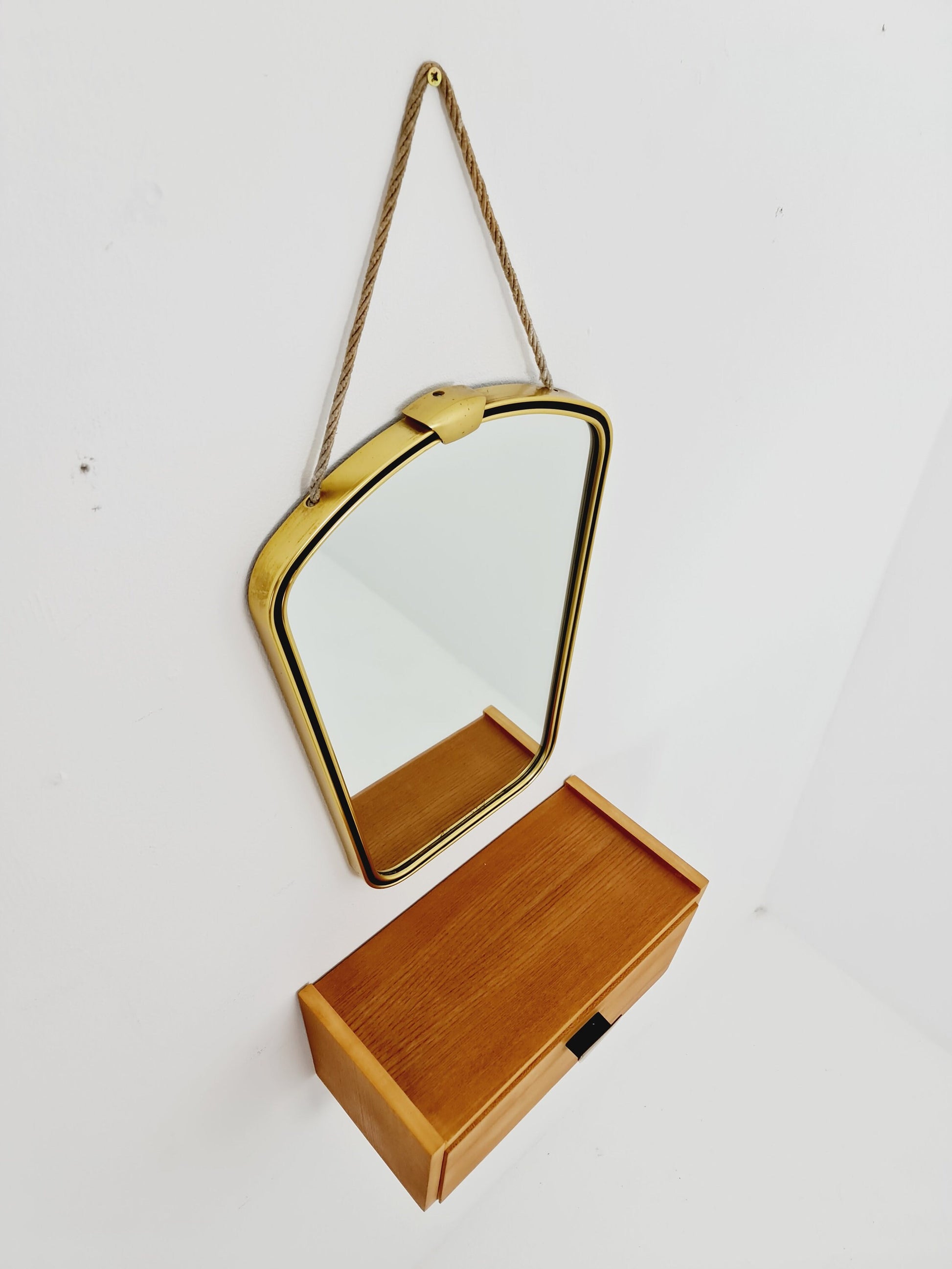 Mid Century asymmetric German brass Original kidney wall mirror with shelf from the 60s model Rockabilly
