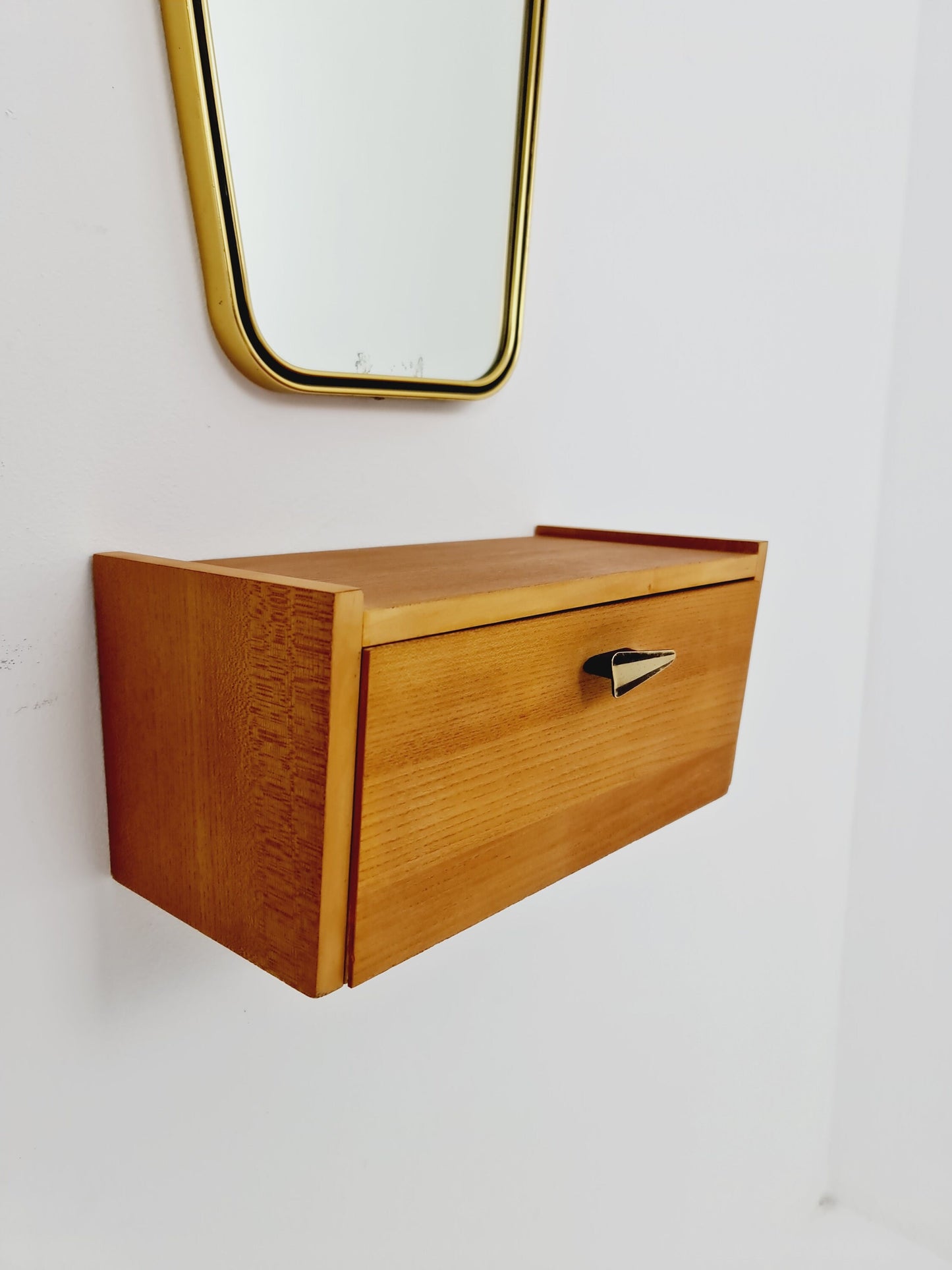 Mid Century asymmetric German brass Original kidney wall mirror with shelf from the 60s model Rockabilly